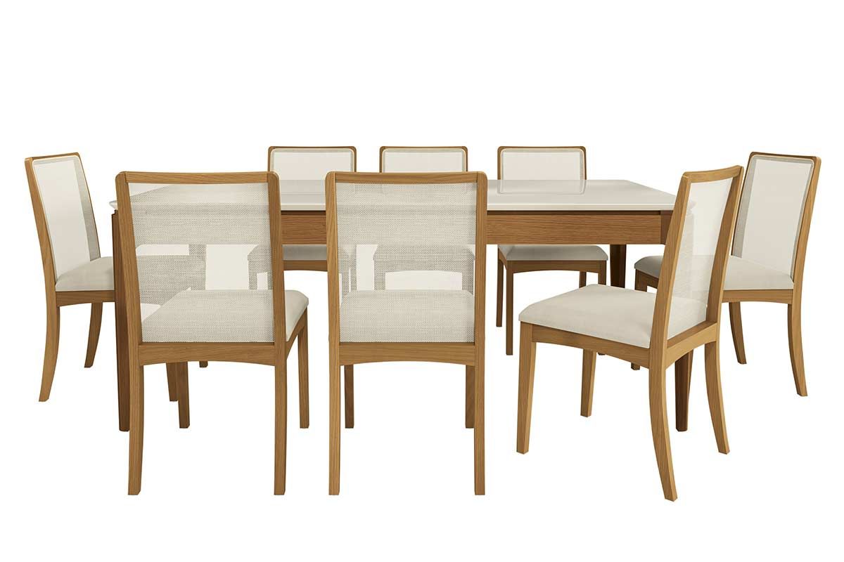 Sala Jantar Mesa Mira Premium Madeira Maciça c/ Tampo Madeirado c/ Vidro 200x100cm e 8 Cadeiras Lara - Kappesberg