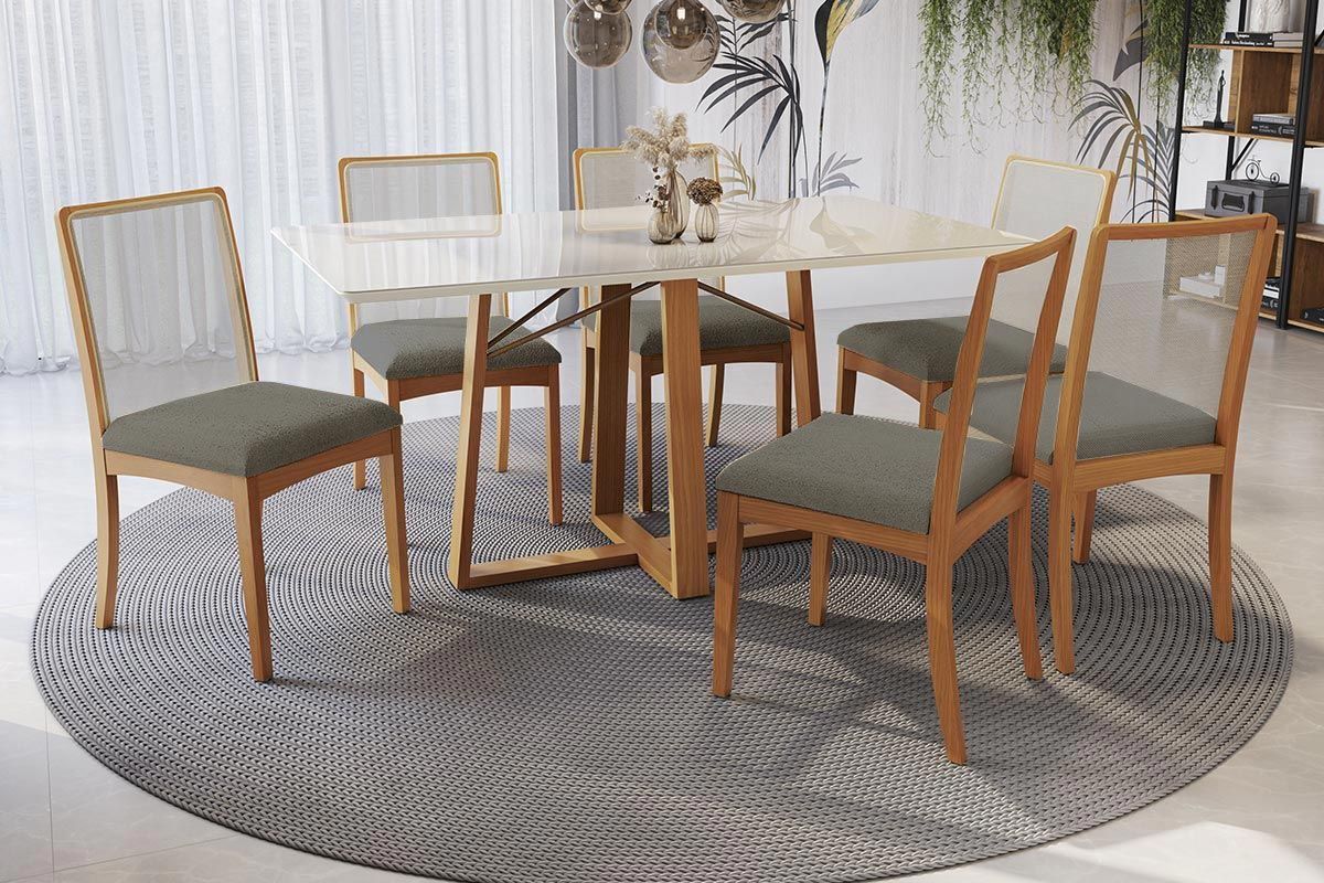 Sala Jantar Mesa Elma Premium Madeira Maciça c/ Tampo Madeirado c/ Vidro 160x90cm e 6 Cadeiras Lara - Kappesberg