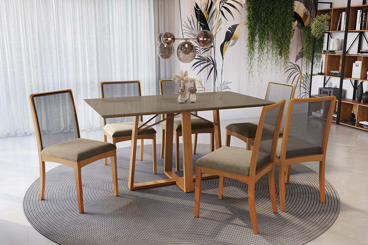 Sala Jantar Mesa Elma Premium Madeira Maciça c/ Tampo Madeirado c/ Vidro 160x90cm e 6 Cadeiras Lara - Kappesberg