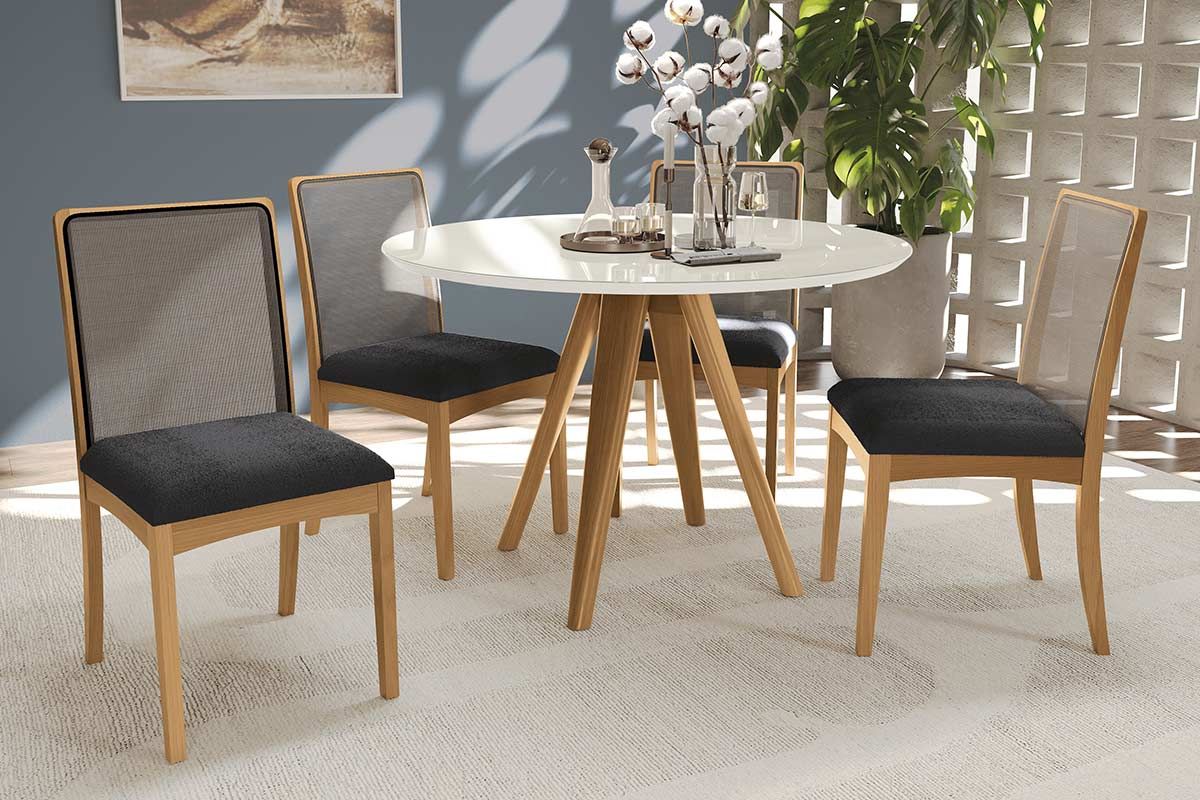 Sala Jantar Mesa Duna Premium Madeira Maciça c/ Tampo Madeirado c/ Vidro 120x120cm e 4 Cadeiras Lara - Kappesberg
