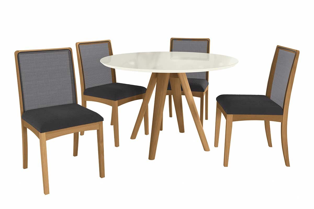 Sala Jantar Mesa Duna Premium Madeira Maciça c/ Tampo Madeirado c/ Vidro 120x120cm e 4 Cadeiras Lara - Kappesberg