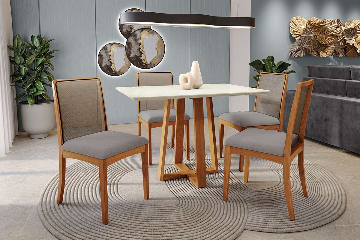 Sala Jantar Mesa Elma Premium Madeira Maciça c/ Tampo Madeirado c/ Vidro 120x80cm e 4 Cadeiras Lara - Kappesberg