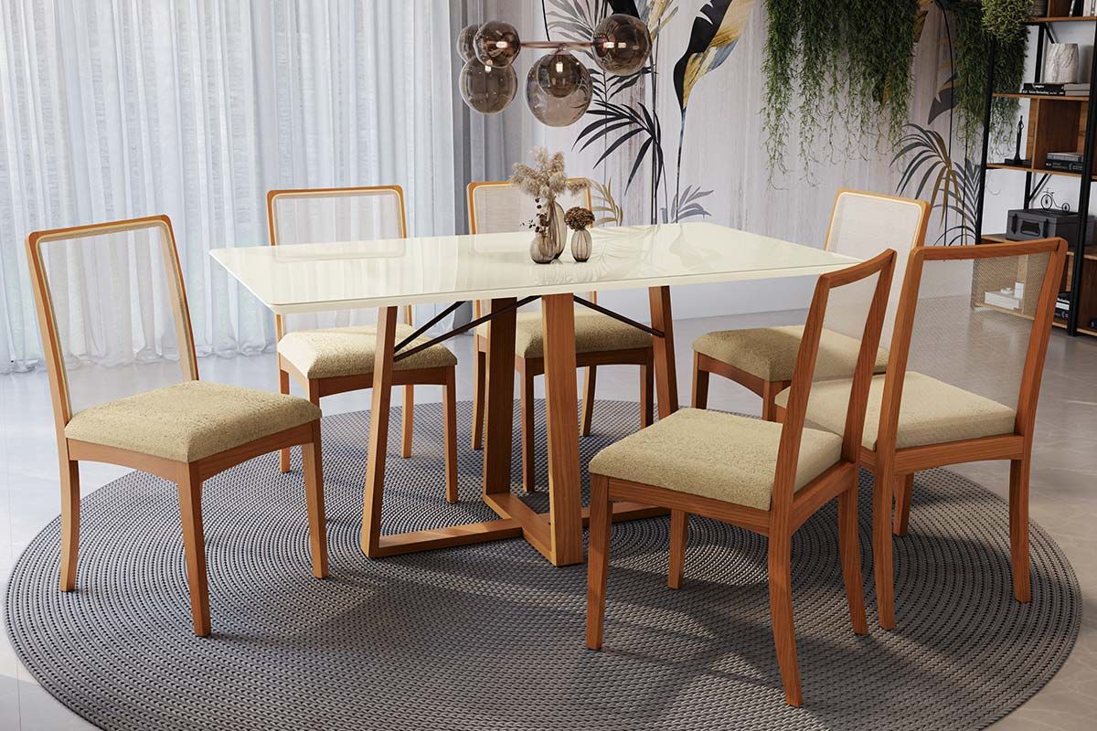 Sala Jantar Mesa Elma Premium Madeira Maciça c/ Tampo Madeirado c/ Vidro 160x90cm e 6 Cadeiras Lara - Kappesberg