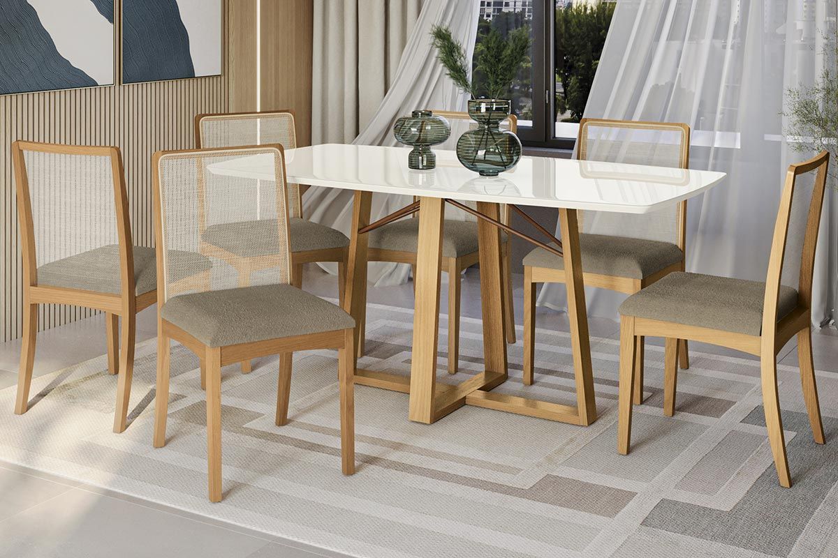 Sala Jantar Mesa Elma Premium Madeira Maciça c/ Tampo Madeirado c/ Vidro 170x90cm e 6 Cadeiras Lara - Kappesberg