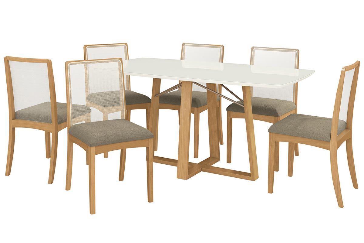 Sala Jantar Mesa Elma Premium Madeira Maciça c/ Tampo Madeirado c/ Vidro 170x90cm e 6 Cadeiras Lara - Kappesberg
