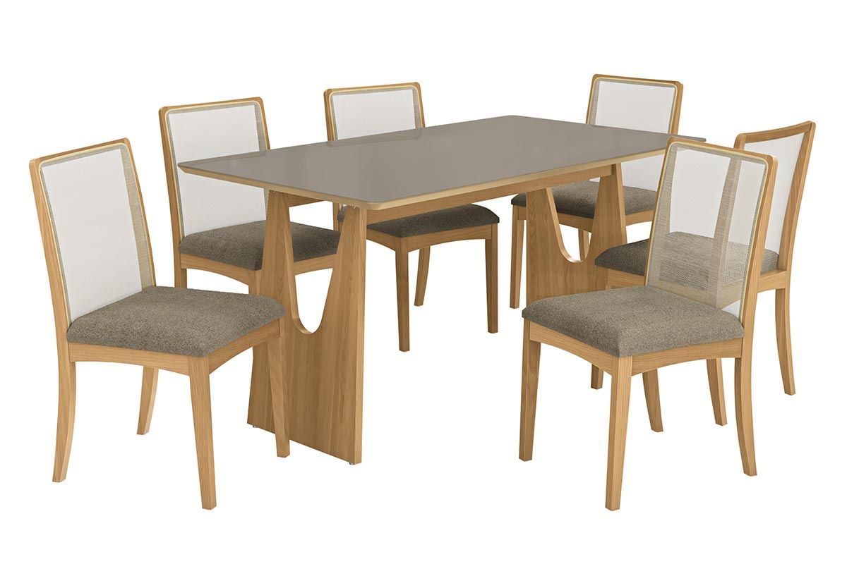 Sala Jantar Mesa Mila Premium Madeira Maciça c/ Tampo Madeirado c/ Vidro 160x90cm e 6 Cadeiras Lara - Kappesberg