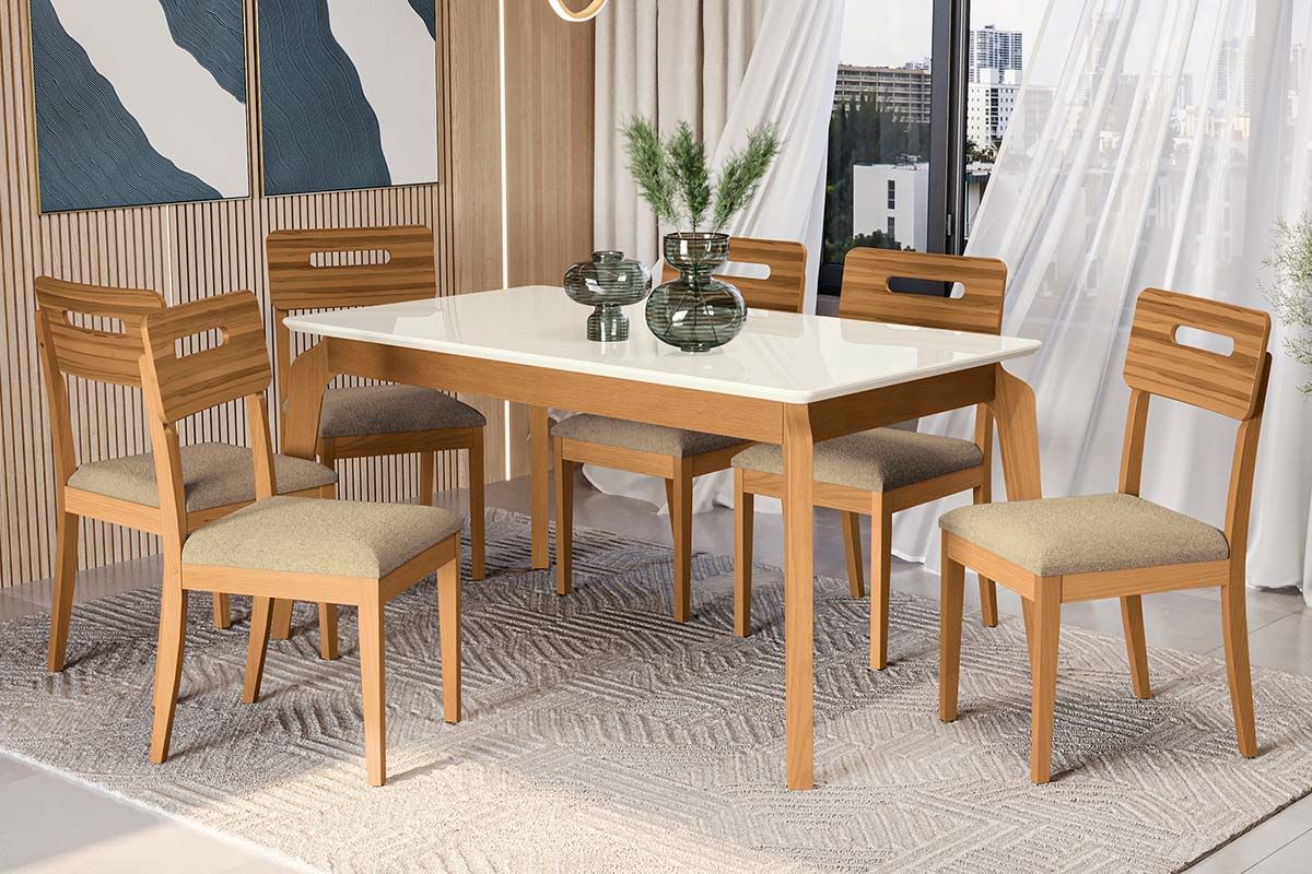 Sala Jantar Mesa Petra Premium Madeira Maciça c/ Tampo Madeirado c/ Vidro 160x90cm e 6 Cadeiras Lila - Kappesberg