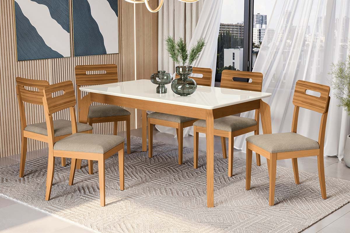 Sala Jantar Mesa Petra Premium Madeira Maciça c/ Tampo Madeirado c/ Vidro 160x90cm e 6 Cadeiras Lila - Kappesberg