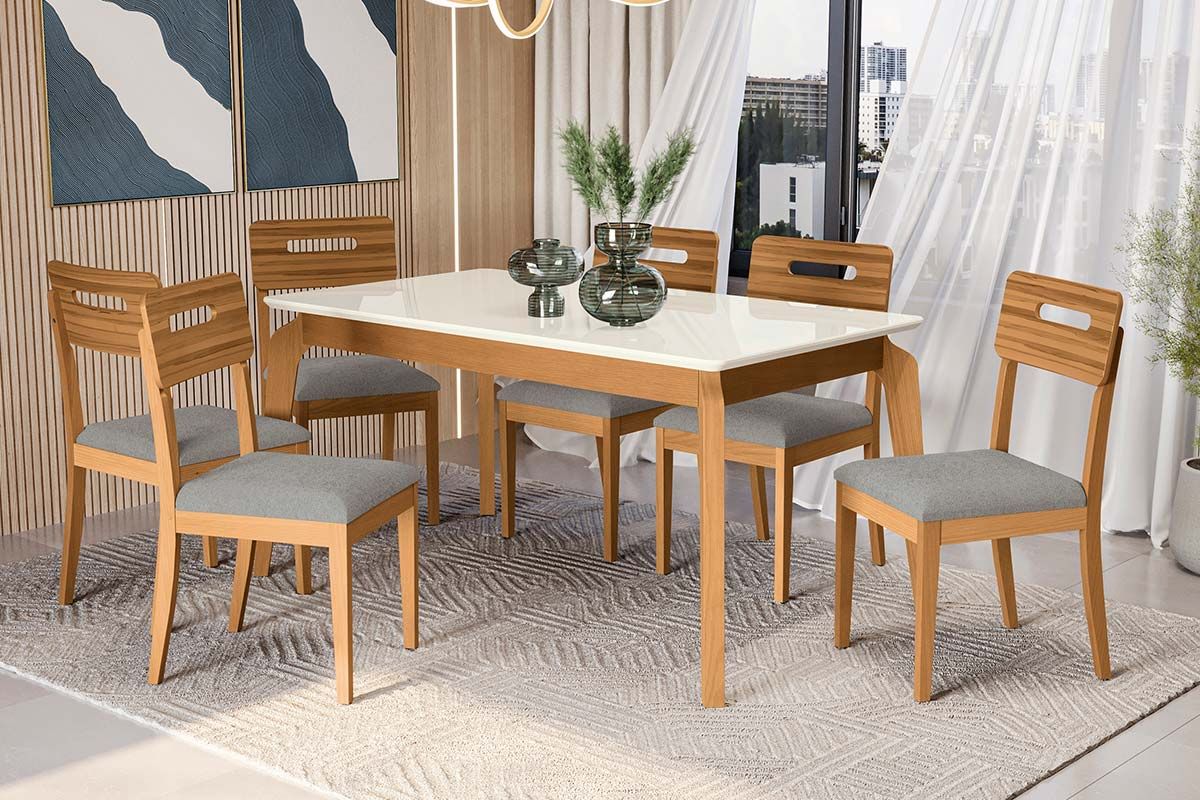 Sala Jantar Mesa Petra Premium Madeira Maciça c/ Tampo Madeirado c/ Vidro 160x90cm e 6 Cadeiras Lila - Kappesberg