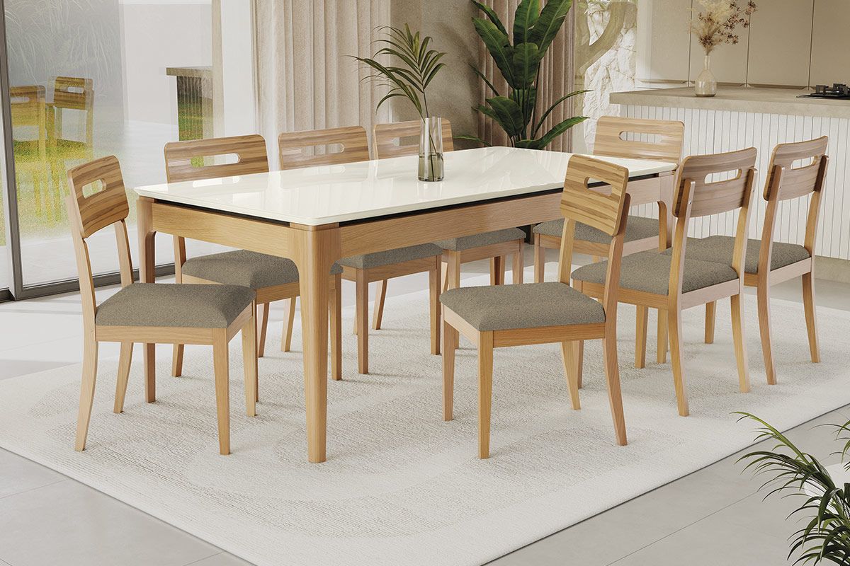 Sala Jantar Mesa Mira Premium Madeira Maciça c/ Tampo Madeirado c/ Vidro 200x100cm e 8 Cadeiras Lara - Kappesberg