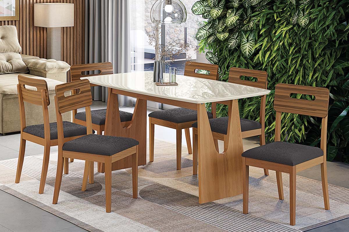 Sala Jantar Mesa Mila Premium Madeira Maciça c/ Tampo Madeirado c/ Vidro 170x90cm e 6 Cadeiras Lila - Kappesberg