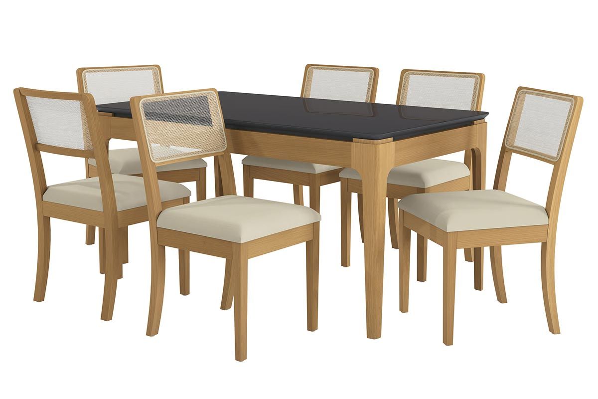 Sala Jantar Mesa Mira Premium Madeira Maciça c/ Tampo Madeirado c/ Vidro 160x90cm e 6 Cadeiras Lola - Kappesberg