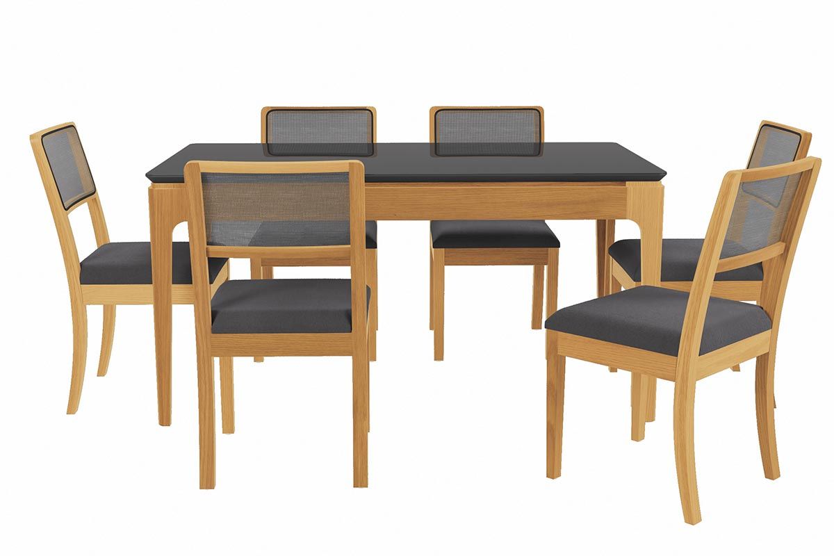 Sala Jantar Mesa Mira Premium Madeira Maciça c/ Tampo Madeirado c/ Vidro 160x90cm e 6 Cadeiras Lola - Kappesberg