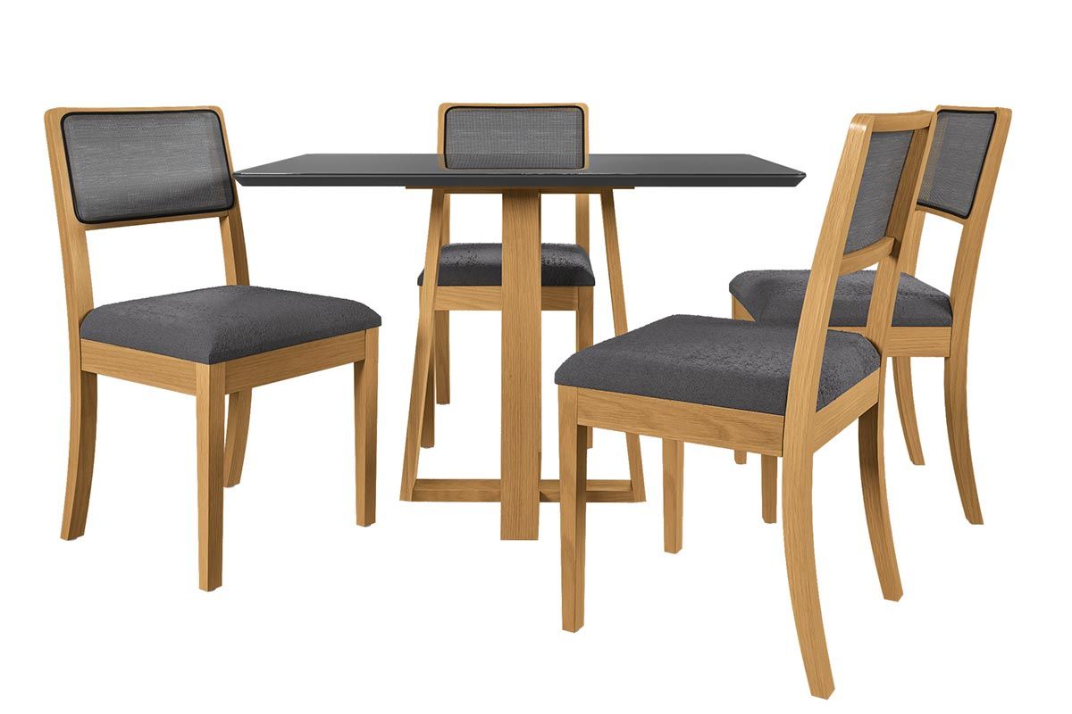 Sala Jantar Mesa Elma Premium Madeira Maciça c/ Tampo Madeirado c/ Vidro 120x80cm e 4 Cadeiras Lola - Kappesberg