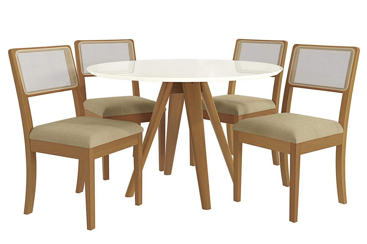 Sala Jantar Mesa Duna Premium Madeira Maciça c/ Tampo Madeirado c/ Vidro 120x120cm e 4 Cadeiras Lola - Kappesberg