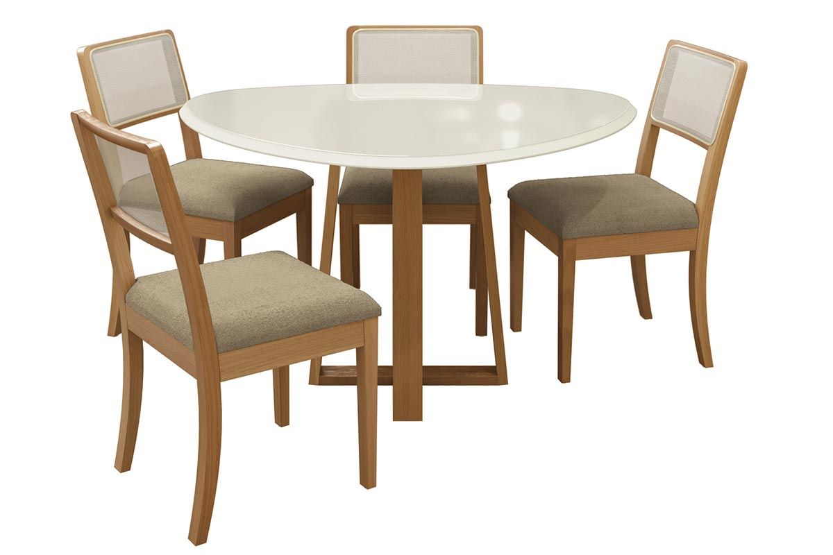 Sala Jantar Mesa Elma Premium Madeira Maciça c/ Tampo Madeirado c/ Vidro 135x105cm e 4 Cadeiras Lola - Kappesberg
