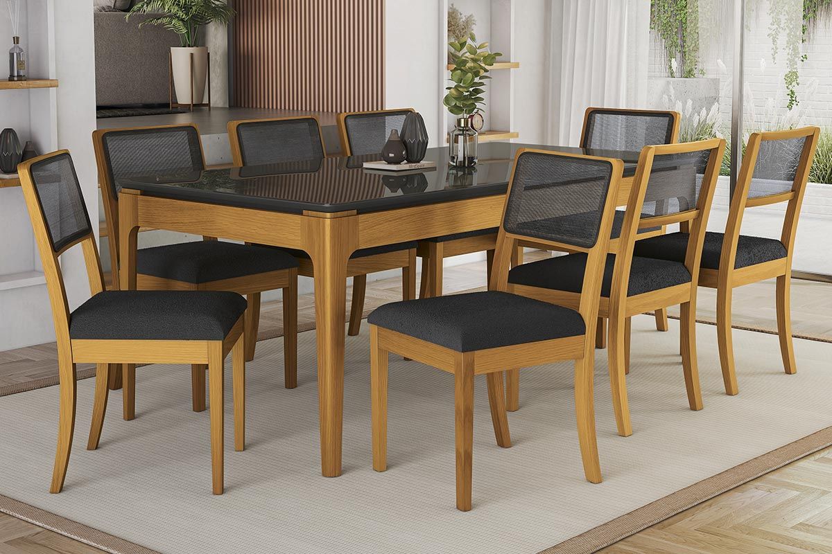 Sala Jantar Mesa Mira Premium Madeira Maciça c/ Tampo Madeirado c/ Vidro 200x100cm e 8 Cadeiras Lola - Kappesberg