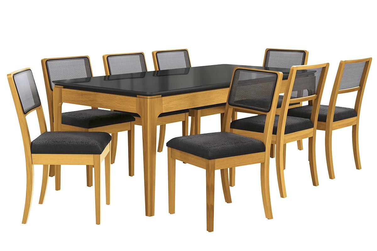 Sala Jantar Mesa Mira Premium Madeira Maciça c/ Tampo Madeirado c/ Vidro 200x100cm e 8 Cadeiras Lola - Kappesberg