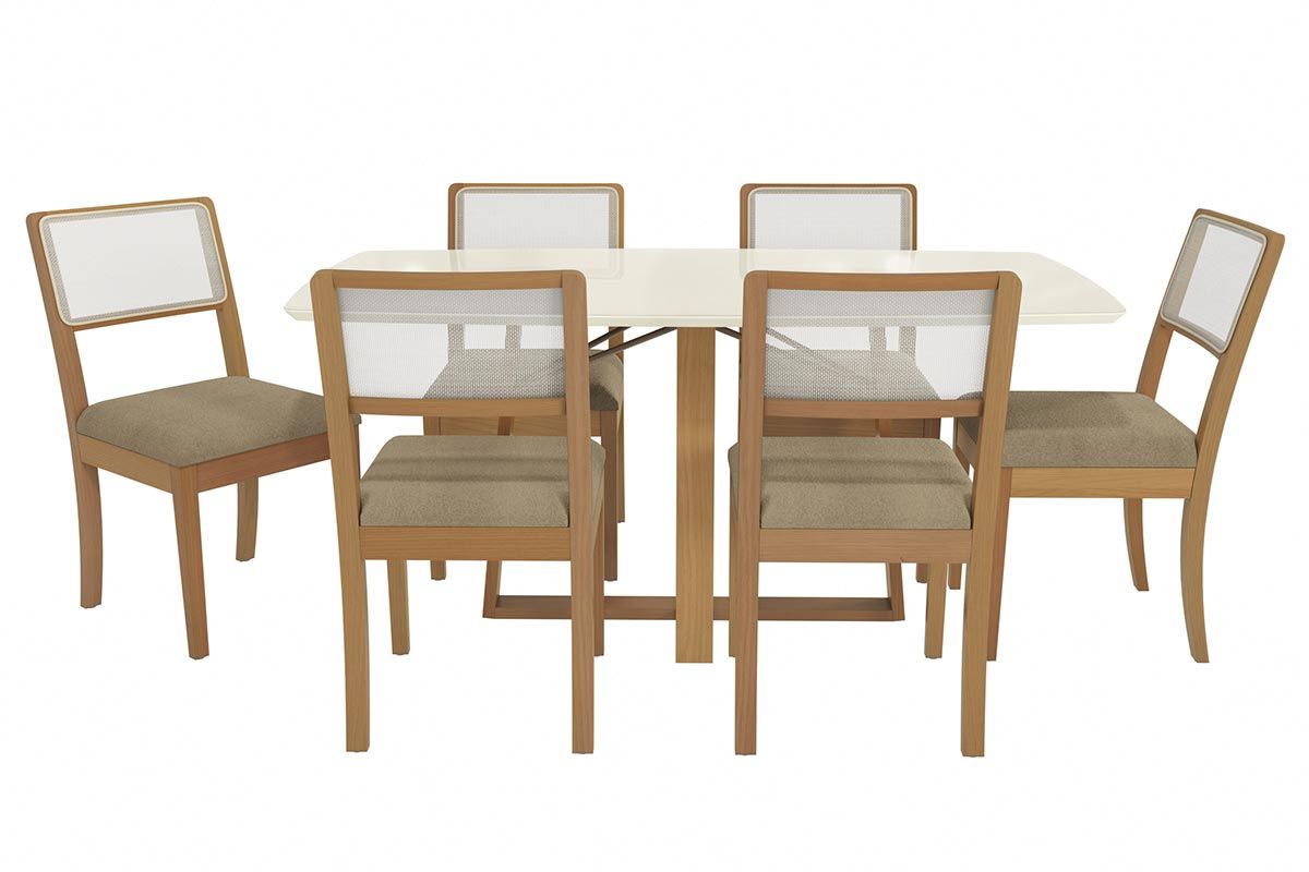 Sala Jantar Mesa Elma Premium Madeira Maciça c/ Tampo Madeirado c/ Vidro 170x90cm e 6 Cadeiras Lola - Kappesberg