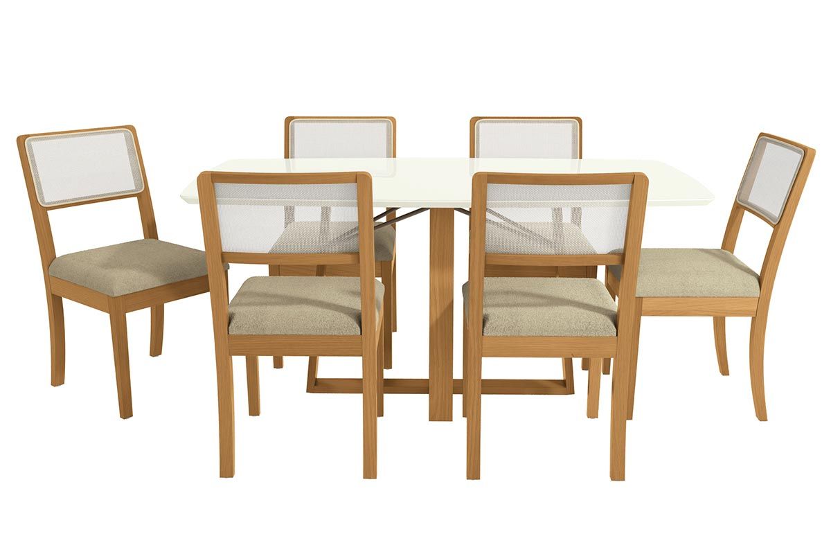 Sala Jantar Mesa Elma Premium Madeira Maciça c/ Tampo Madeirado c/ Vidro 170x90cm e 6 Cadeiras Lola - Kappesberg