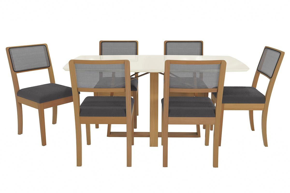 Sala Jantar Mesa Elma Premium Madeira Maciça c/ Tampo Madeirado c/ Vidro 170x90cm e 6 Cadeiras Lola - Kappesberg