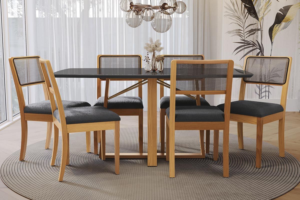 Sala Jantar Mesa Elma Premium Madeira Maciça c/ Tampo Madeirado c/ Vidro 170x90cm e 6 Cadeiras Lola - Kappesberg