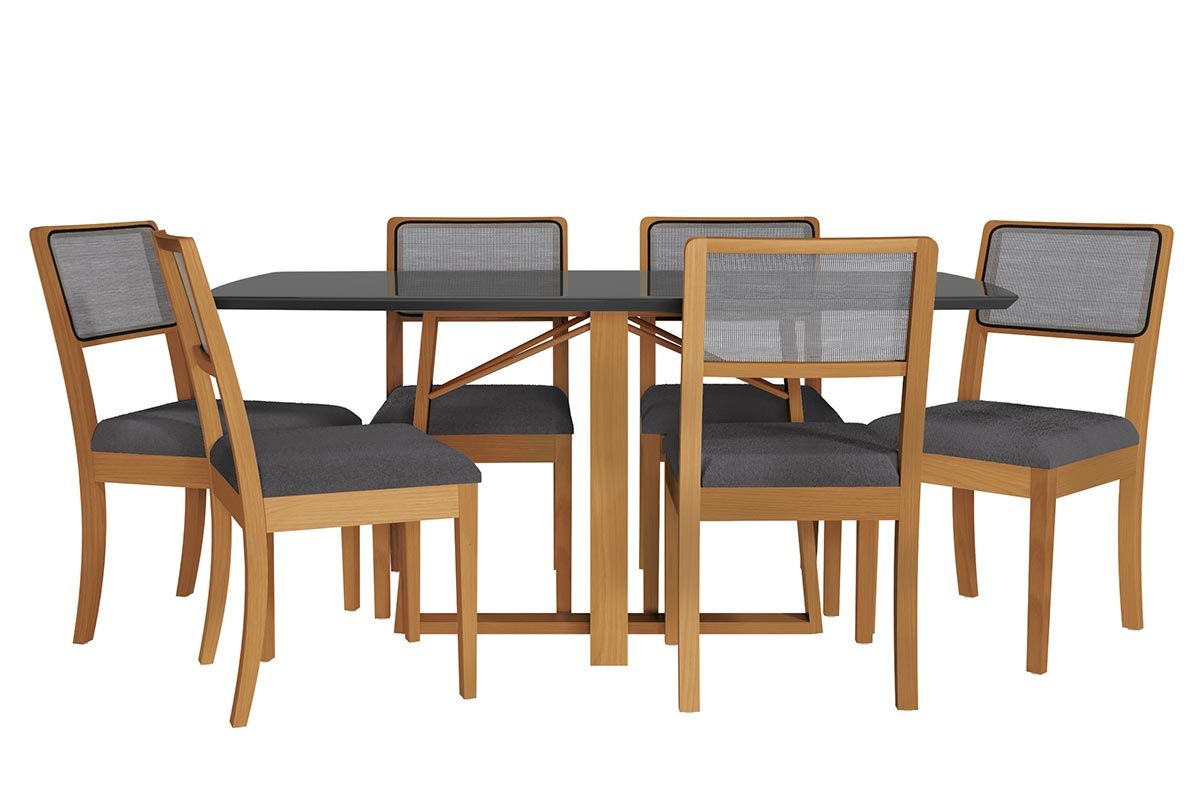 Sala Jantar Mesa Elma Premium Madeira Maciça c/ Tampo Madeirado c/ Vidro 170x90cm e 6 Cadeiras Lola - Kappesberg