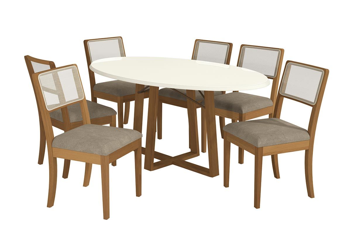 Sala Jantar Mesa Elma Premium Madeira Maciça c/ Tampo Madeirado c/ Vidro 180x105cm e 6 Cadeiras Lola - Kappesberg