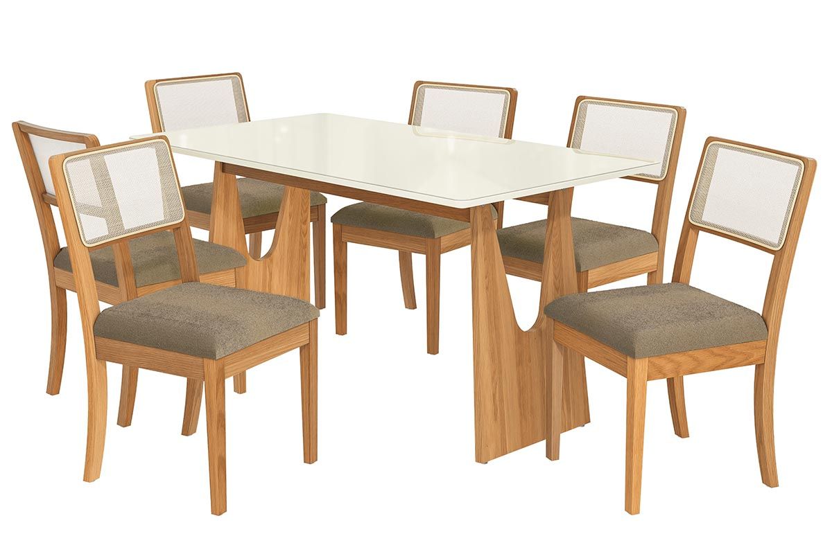 Sala Jantar Mesa Mila Premium Madeira Maciça c/ Tampo Madeirado c/ Vidro 160x90cm e 6 Cadeiras Lola - Kappesberg
