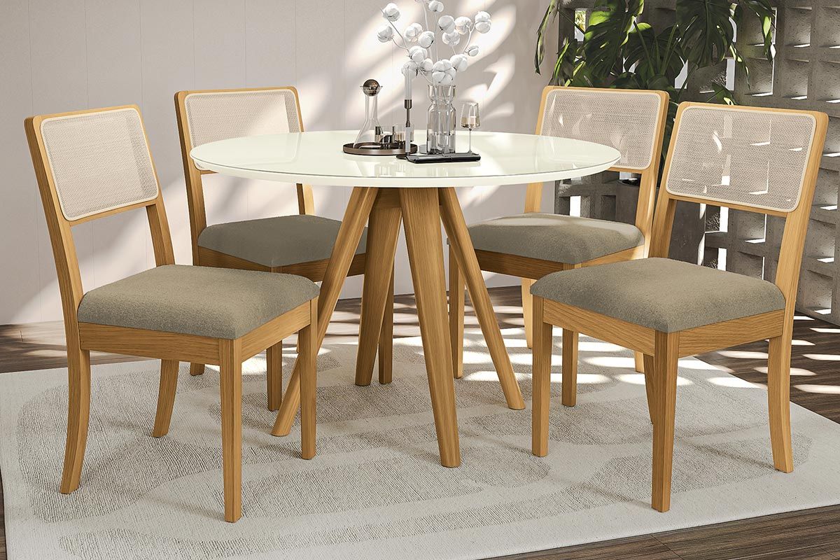 Sala Jantar Mesa Duna Premium Madeira Maciça c/ Tampo Madeirado c/ Vidro 120x120cm e 4 Cadeiras Lola - Kappesberg