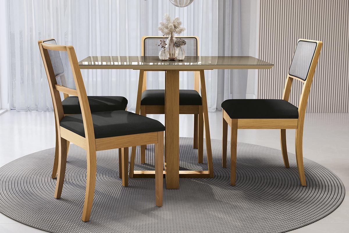 Sala Jantar Mesa Elma Premium Madeira Maciça c/ Tampo Madeirado c/ Vidro 120x80cm e 4 Cadeiras Lola - Kappesberg