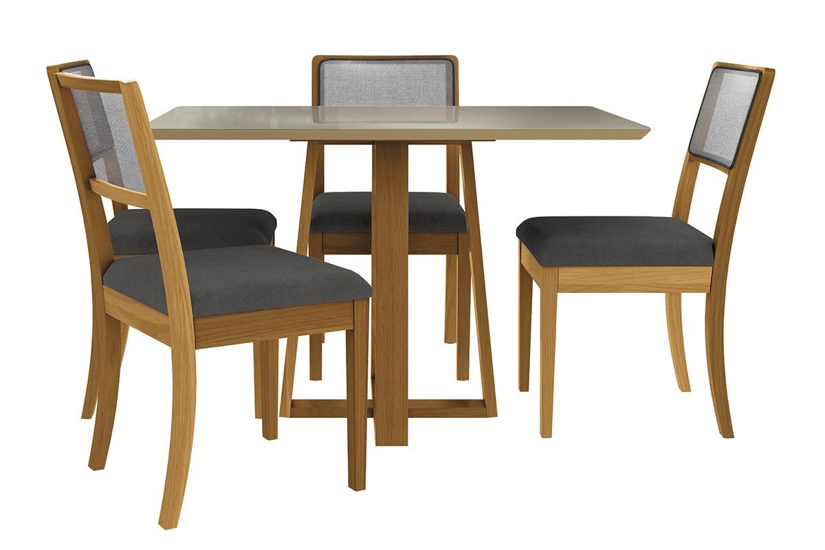 Sala Jantar Mesa Elma Premium Madeira Maciça c/ Tampo Madeirado c/ Vidro 120x80cm e 4 Cadeiras Lola - Kappesberg