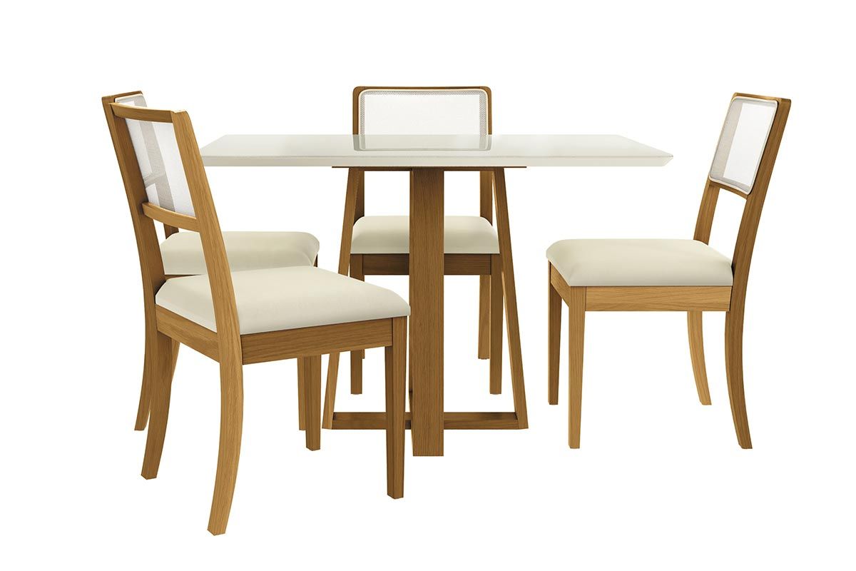 Sala Jantar Mesa Elma Premium Madeira Maciça c/ Tampo Madeirado c/ Vidro 120x80cm e 4 Cadeiras Lola - Kappesberg