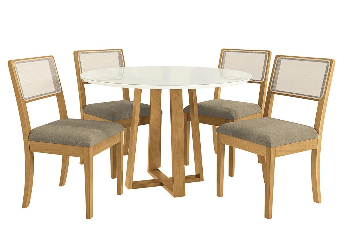 Sala Jantar Mesa Elma Premium Madeira Maciça c/ Tampo Madeirado c/ Vidro 120x120cm e 4 Cadeiras Lola - Kappesberg