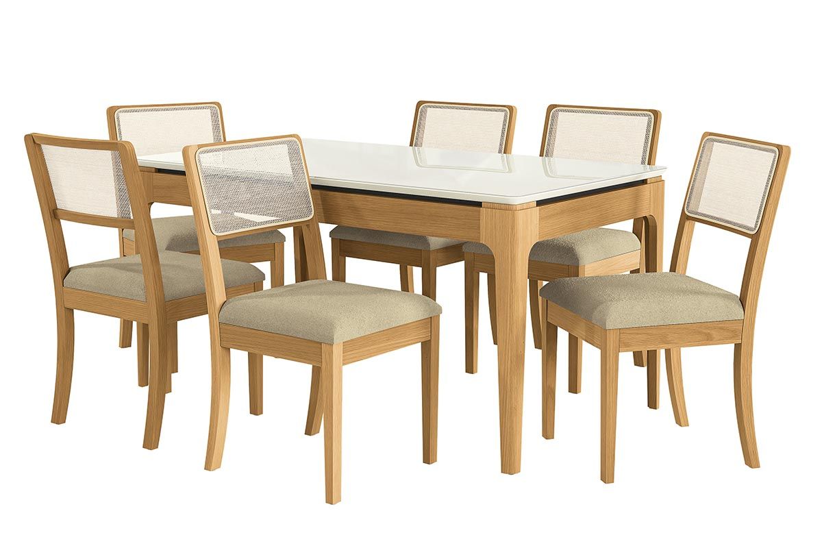 Sala Jantar Mesa Mira Premium Madeira Maciça c/ Tampo Madeirado c/ Vidro 160x90cm e 6 Cadeiras Lola - Kappesberg