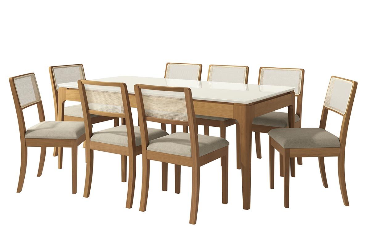 Sala Jantar Mesa Mira Premium Madeira Maciça c/ Tampo Madeirado c/ Vidro 200x100cm e 8 Cadeiras Lola - Kappesberg