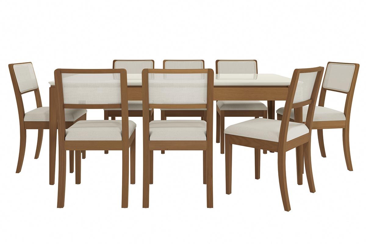 Sala Jantar Mesa Mira Premium Madeira Maciça c/ Tampo Madeirado c/ Vidro 200x100cm e 8 Cadeiras Lola - Kappesberg