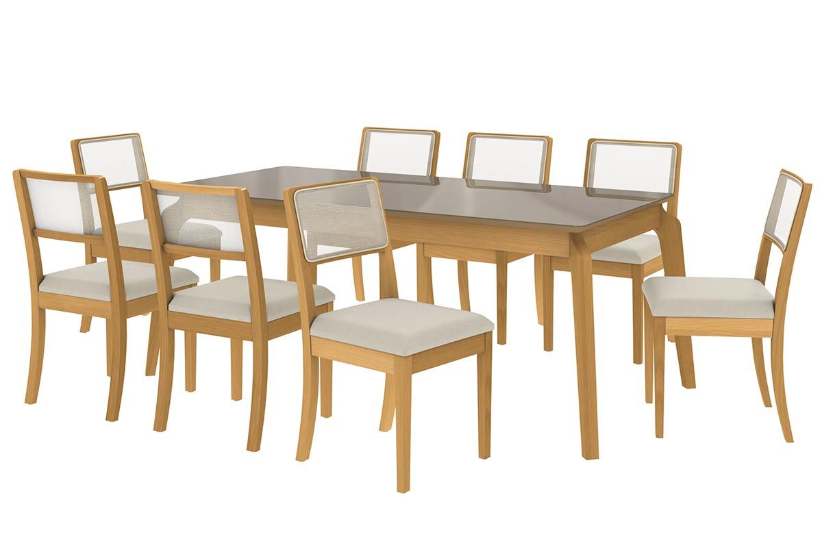 Sala Jantar Mesa Petra Premium Madeira Maciça c/ Tampo Madeirado c/ Vidro 200x100cm e 8 Cadeiras Lola - Kappesberg