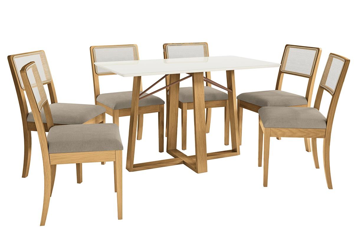 Sala Jantar Mesa Elma Premium Madeira Maciça c/ Tampo Madeirado c/ Vidro 160x90cm e 6 Cadeiras Lola - Kappesberg