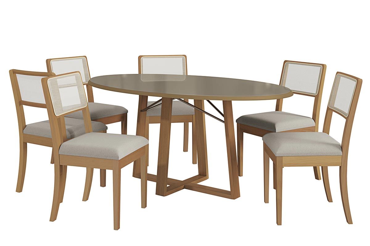Sala Jantar Mesa Elma Premium Madeira Maciça c/ Tampo Madeirado c/ Vidro 180x105cm e 6 Cadeiras Lola - Kappesberg
