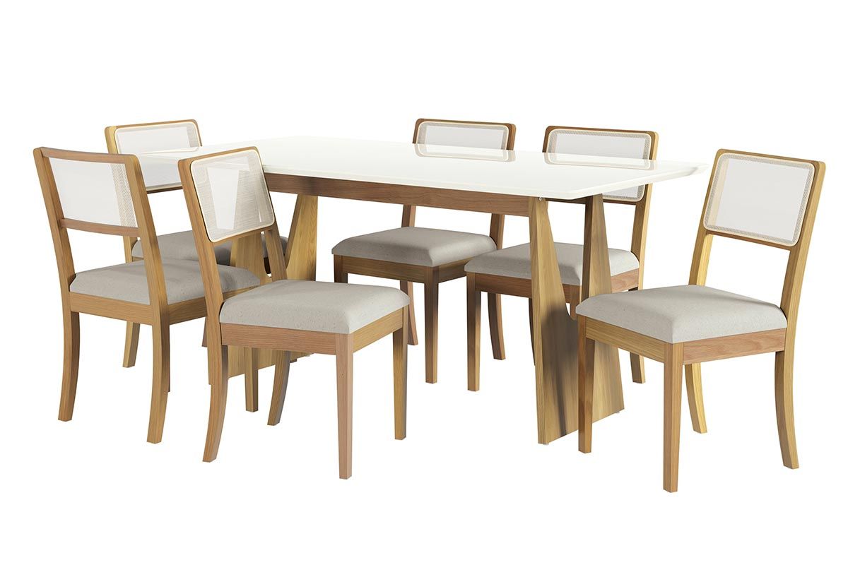 Sala Jantar Mesa Mila Premium Madeira Maciça c/ Tampo Madeirado c/ Vidro 180x90cm e 6 Cadeiras Lola - Kappesberg