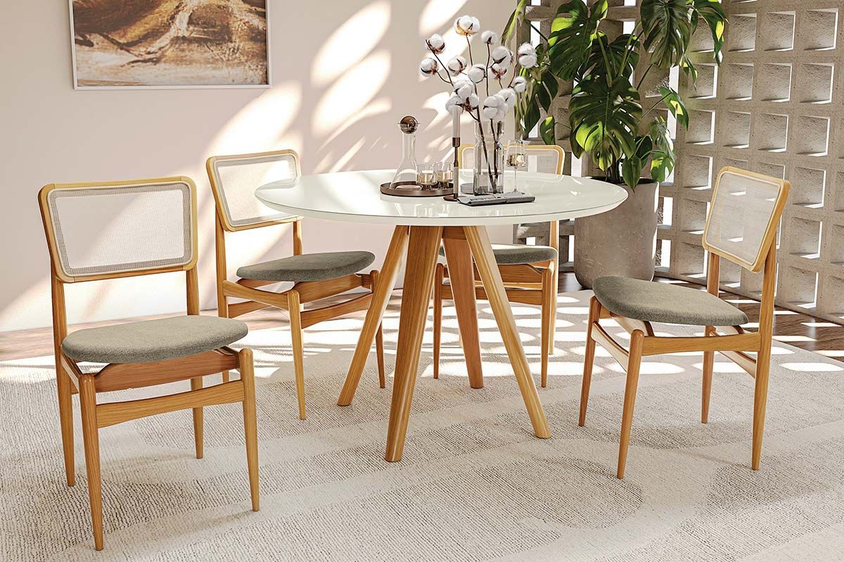 Sala Jantar Mesa Duna Premium Madeira Maciça c/ Tampo Madeirado c/ Vidro 120x120cm e 4 Cadeiras Stela - Kappesberg