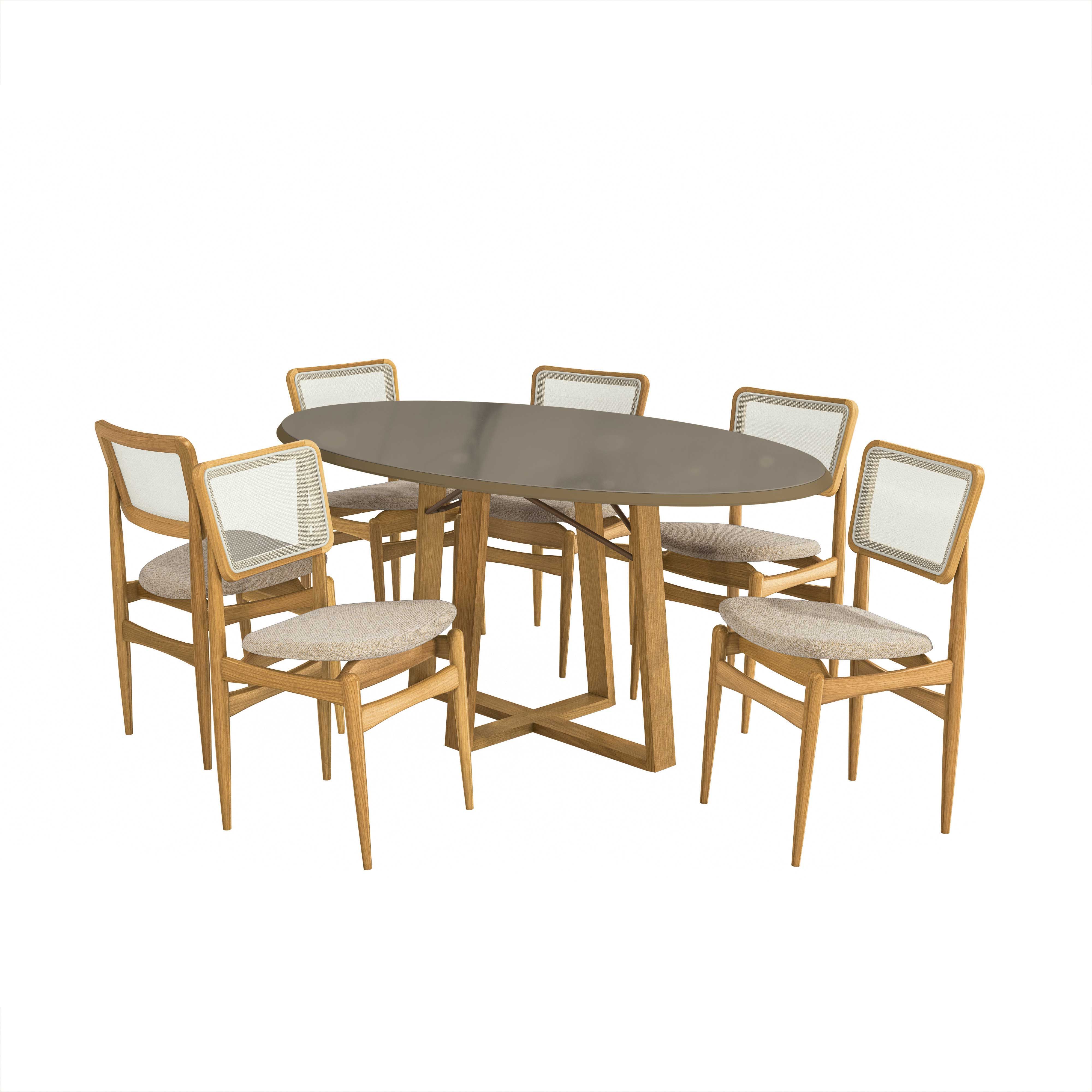 Sala Jantar Mesa Elma Premium Madeira Maciça c/ Tampo Madeirado c/ Vidro 180x105cm e 6 Cadeiras Stela - Kappesberg