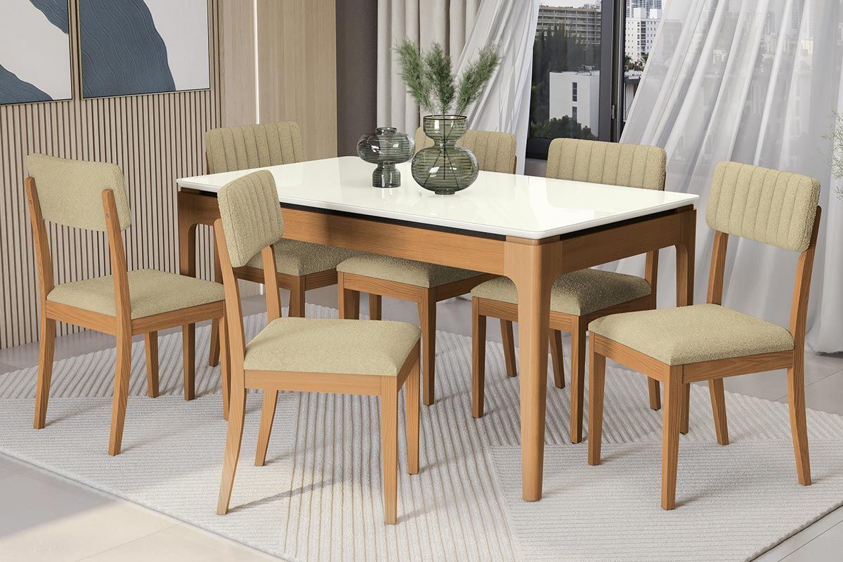 Sala Jantar Mesa Mira Premium Madeira Maciça c/ Tampo Madeirado c/ Vidro 160x90cm e 6 Cadeiras Telma - Kappesberg