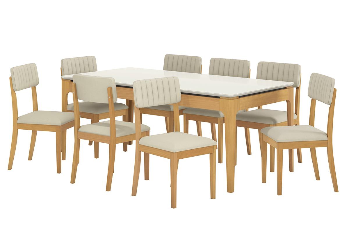 Sala Jantar Mesa Mira Premium Madeira Maciça c/ Tampo Madeirado c/ Vidro 200x100cm e 8 Cadeiras Telma - Kappesberg