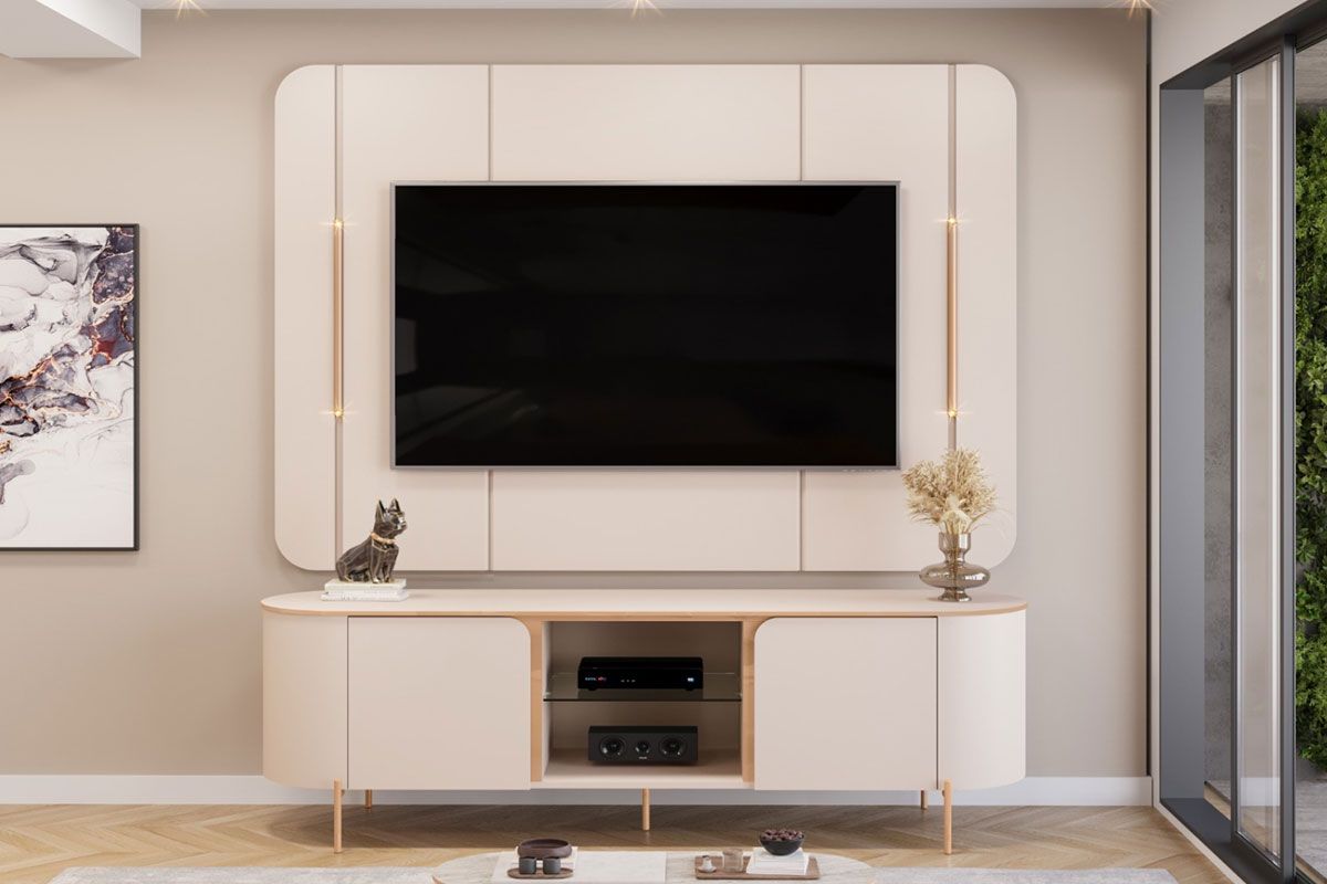 Rack Bancada c/ Painel p/ TV até 65 Pol Adele Led e Nichos 180x189cm - DJ Móveis
