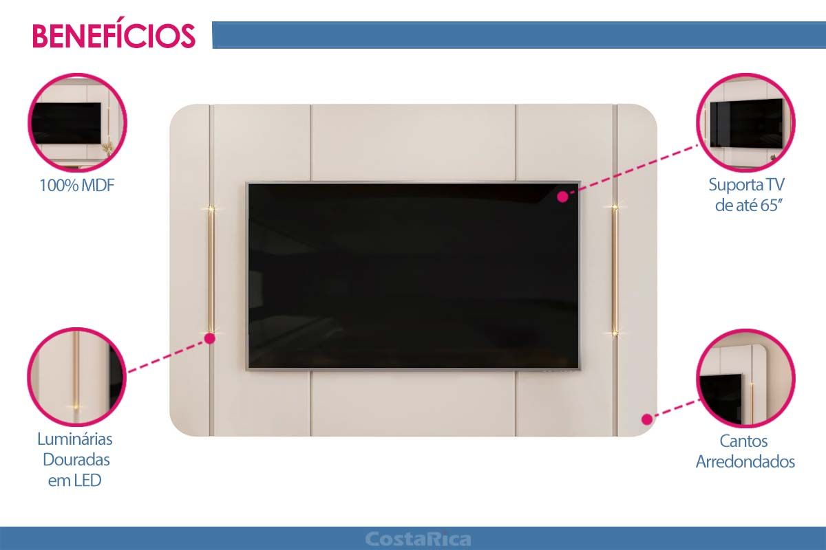 Rack Bancada c/ Painel p/ TV até 65 Pol Adele Led e Nichos 180x189cm - DJ Móveis