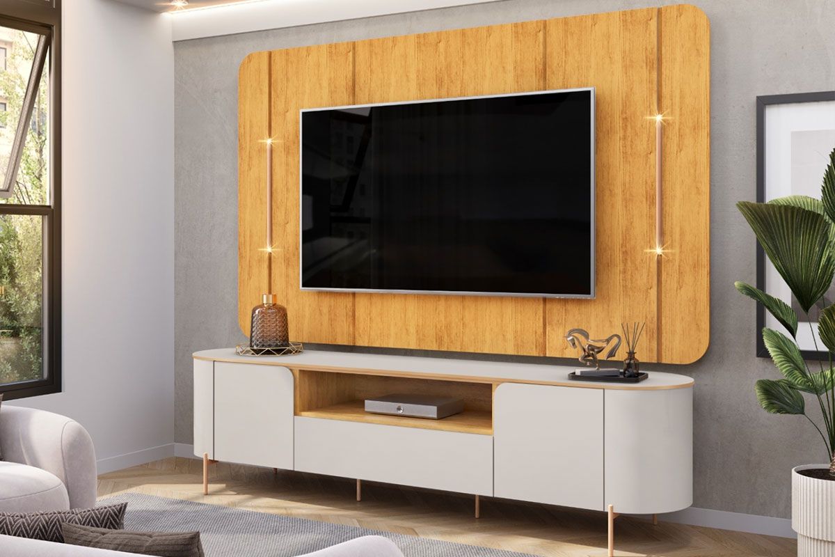 Rack Bancada c/ Painel p/ TV até 75 Pol Areta Led e Nicho 218x189cm - DJ Móveis