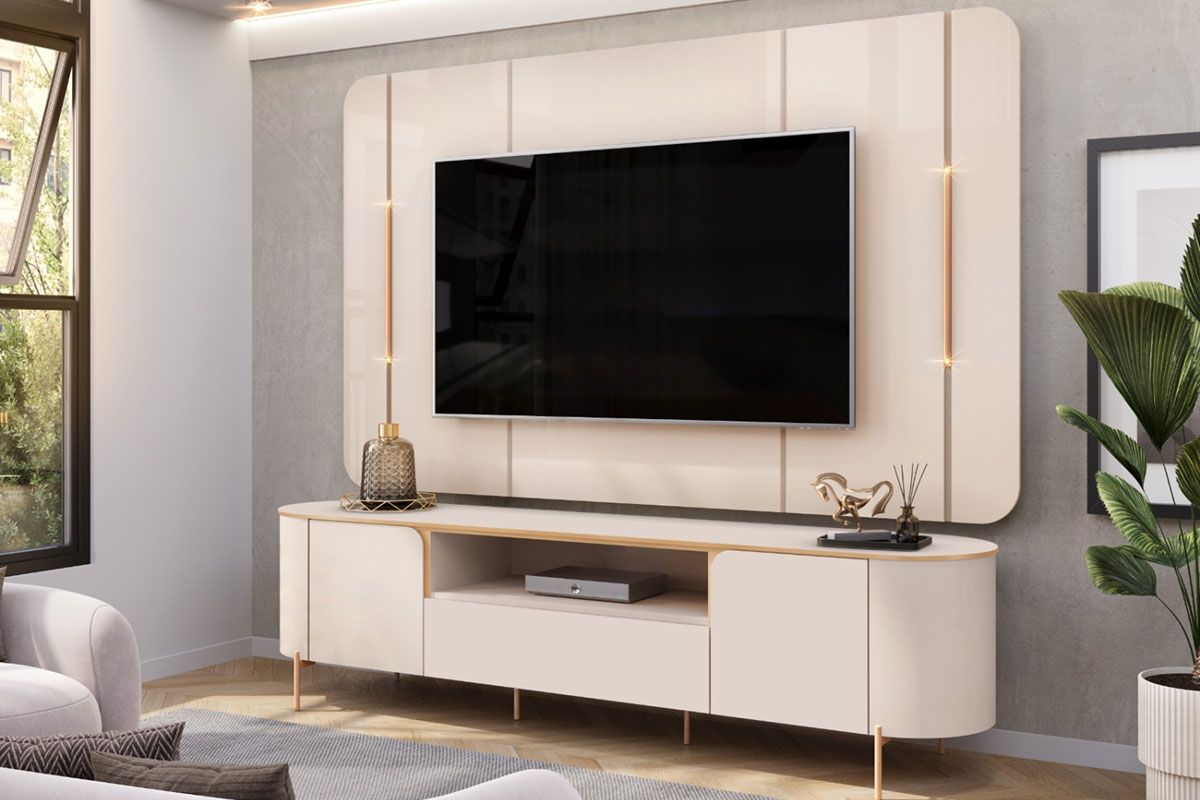 Rack Bancada c/ Painel p/ TV até 75 Pol Areta Led e Nicho 218x189cm - DJ Móveis