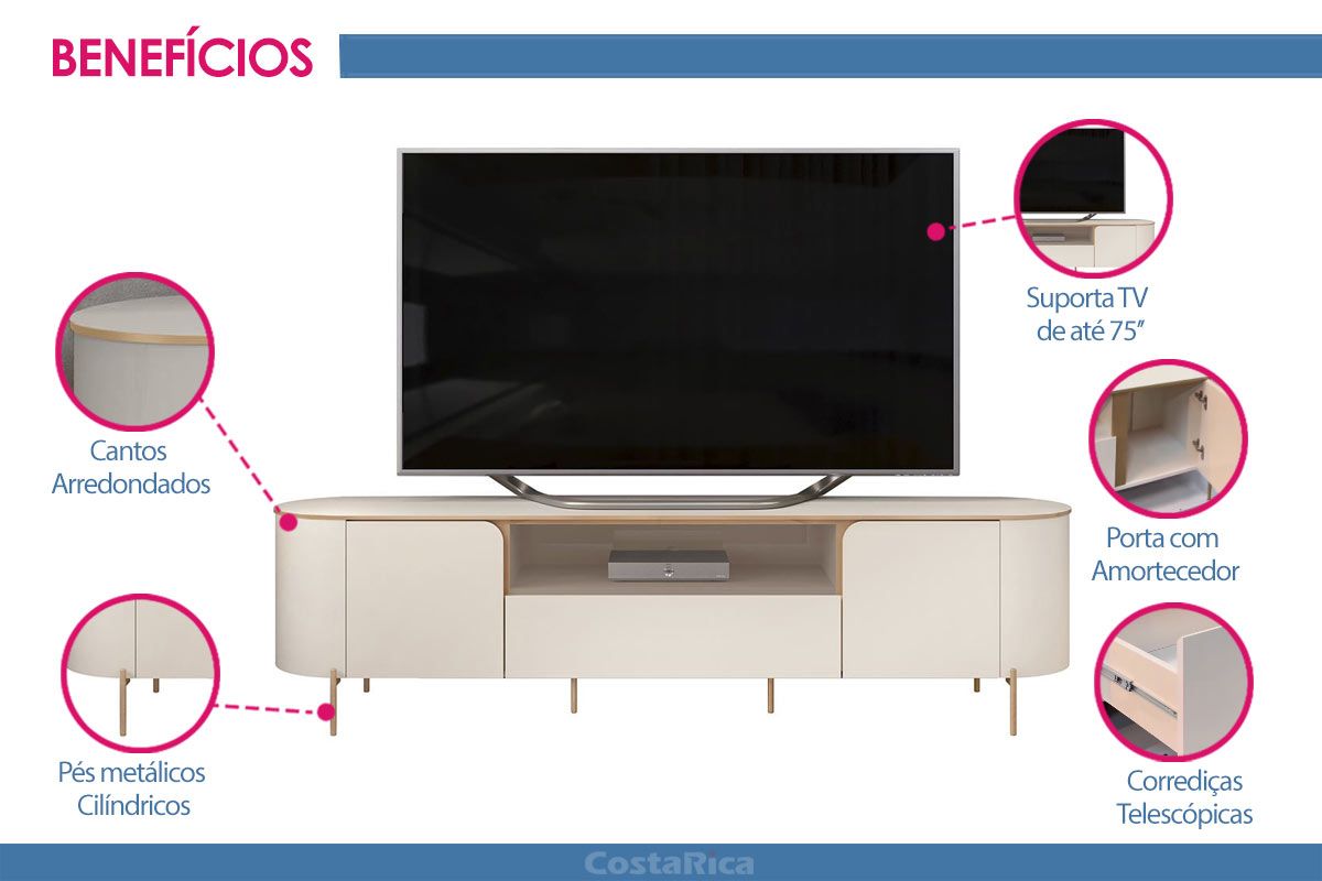 Rack Bancada c/ Painel p/ TV até 75 Pol Areta Led e Nicho 218x189cm - DJ Móveis